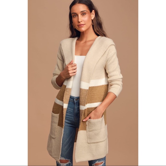 Lulus Sweaters - Lulus Tan and Beige Hooded Cardigan Sweater